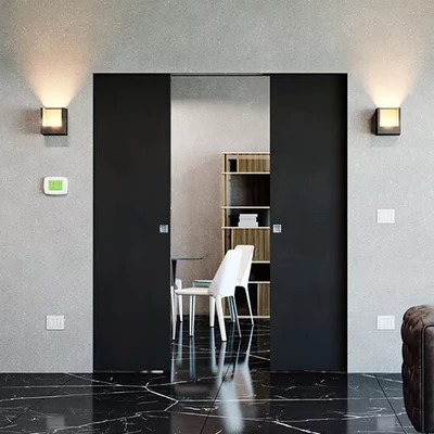 Ermetika Absolute Energy kábelezhető kétszárnyú falban futó tolóajtó tokborítás nélküli fémváz gipszkarton falhoz ENDC