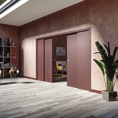 Ermetika Staffetta négyszárnyú falban futó tolóajtó tokborításos vázszerkezet vakolható falhoz 4300 x 2100 mm 170 mm STDI